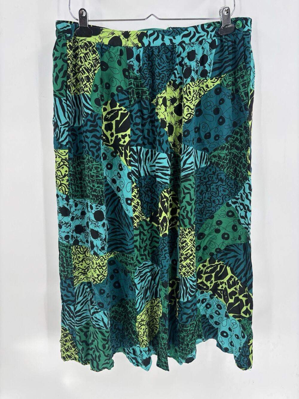 Vintage Silk Skirt Womens Large Blue Green Animal Print Midi Stretchy Pockets
